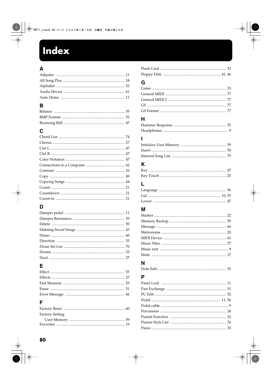 Index | Roland HPi-7LE User Manual | Page 80 / 84