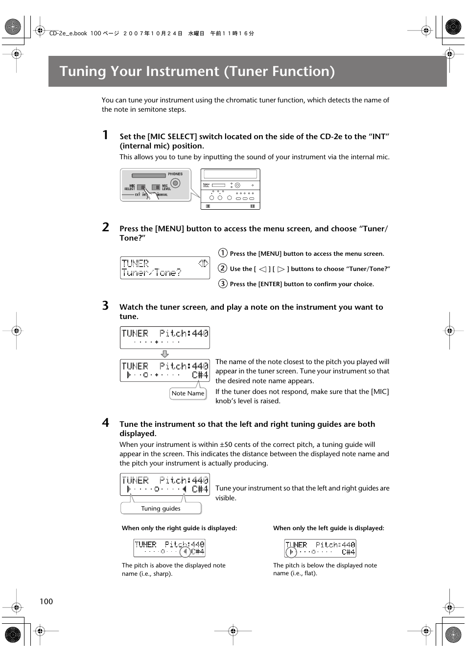 Tuning your instrument (tuner function), Tuner) | Roland CD-2e User Manual | Page 100 / 132