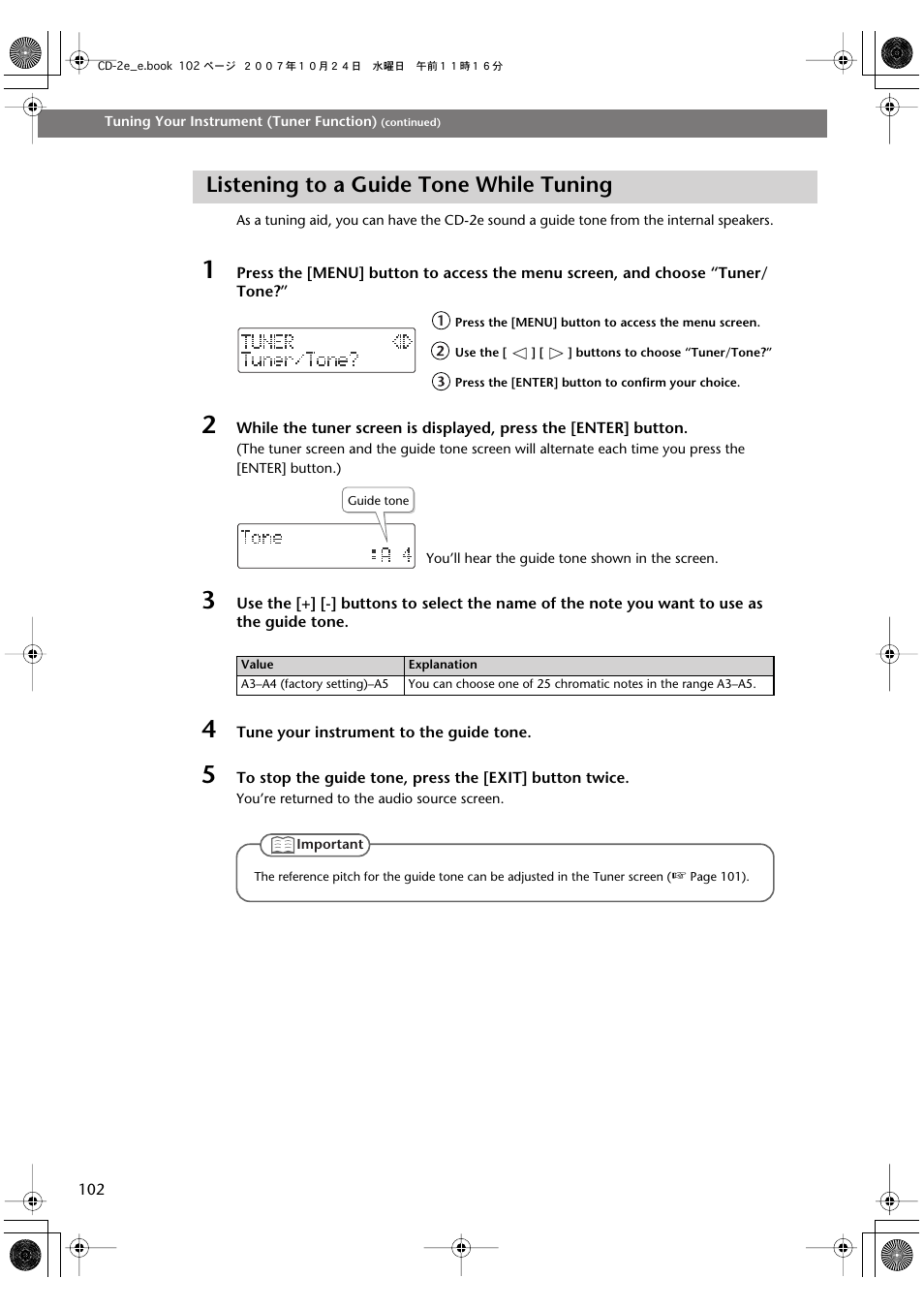 Listening to a guide tone while tuning | Roland CD-2e User Manual | Page 102 / 132
