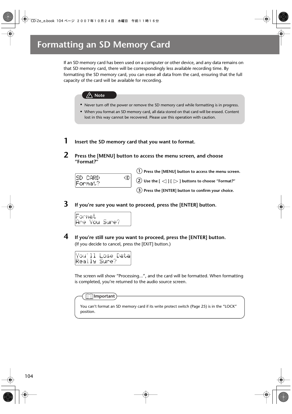 Formatting an sd memory card | Roland CD-2e User Manual | Page 104 / 132