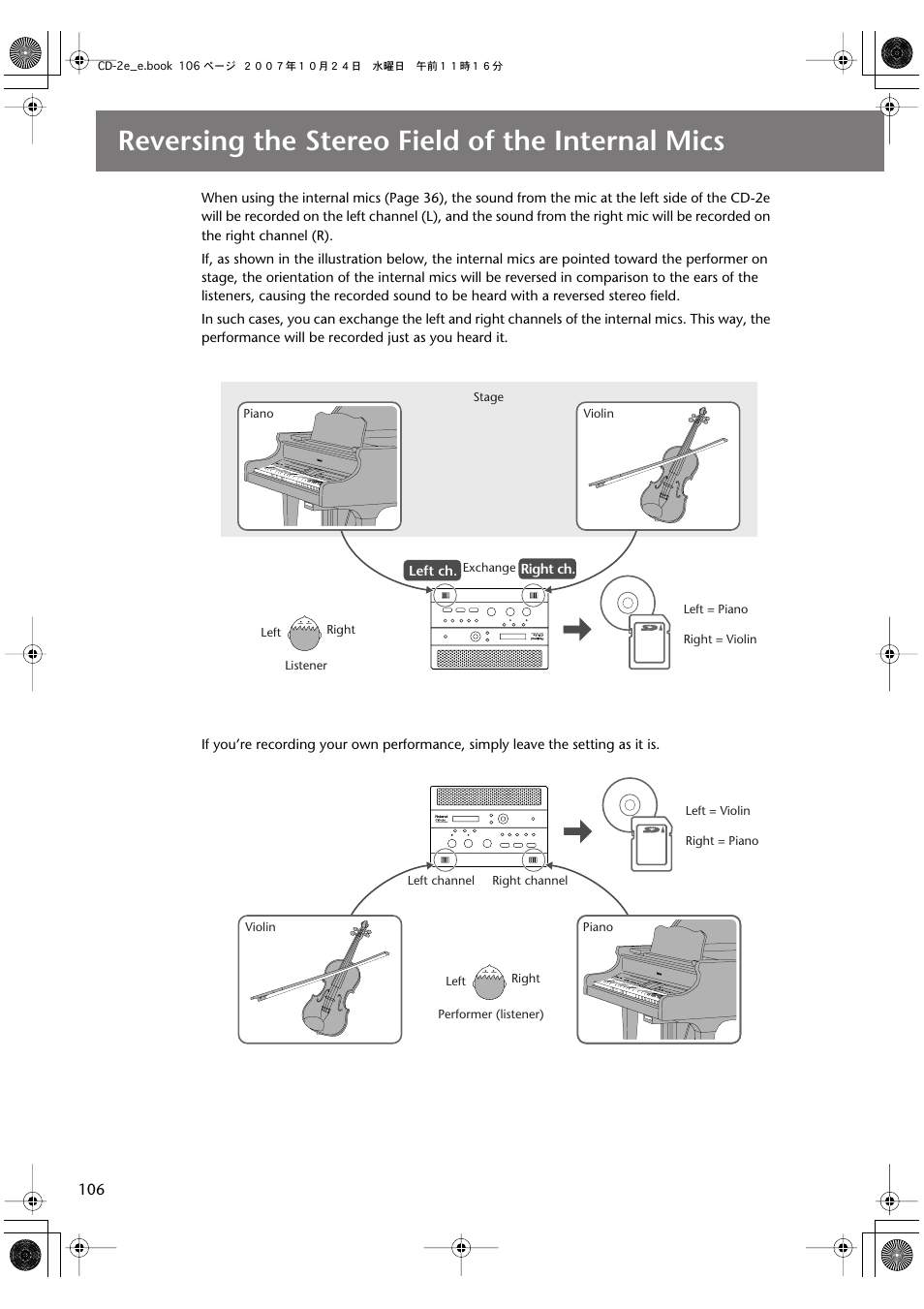 Reversing the stereo field of the internal mics | Roland CD-2e User Manual | Page 106 / 132