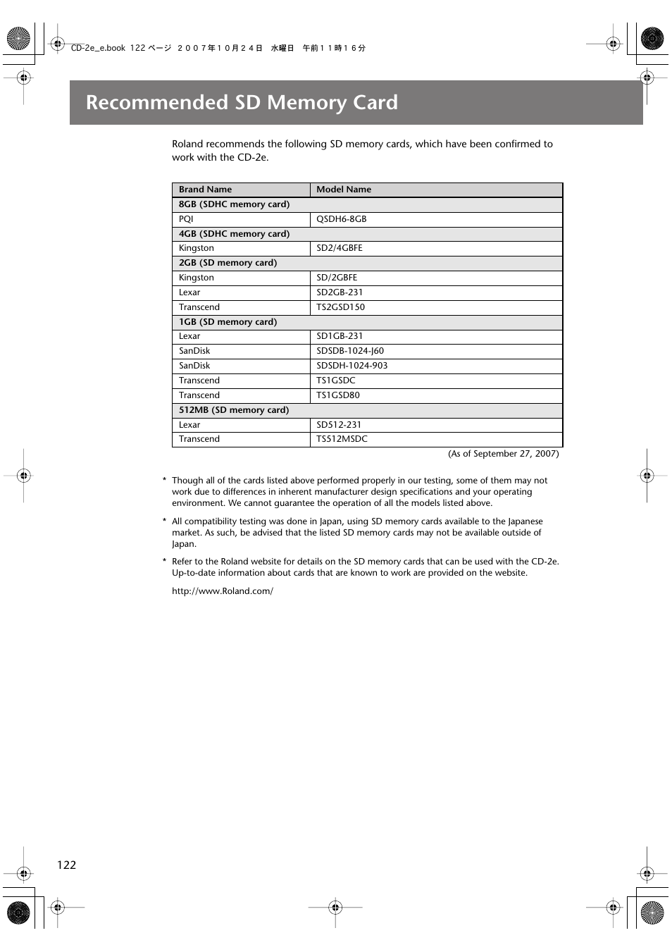 Recommended sd memory card | Roland CD-2e User Manual | Page 122 / 132