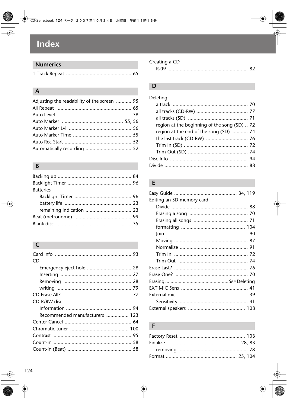 Index | Roland CD-2e User Manual | Page 124 / 132