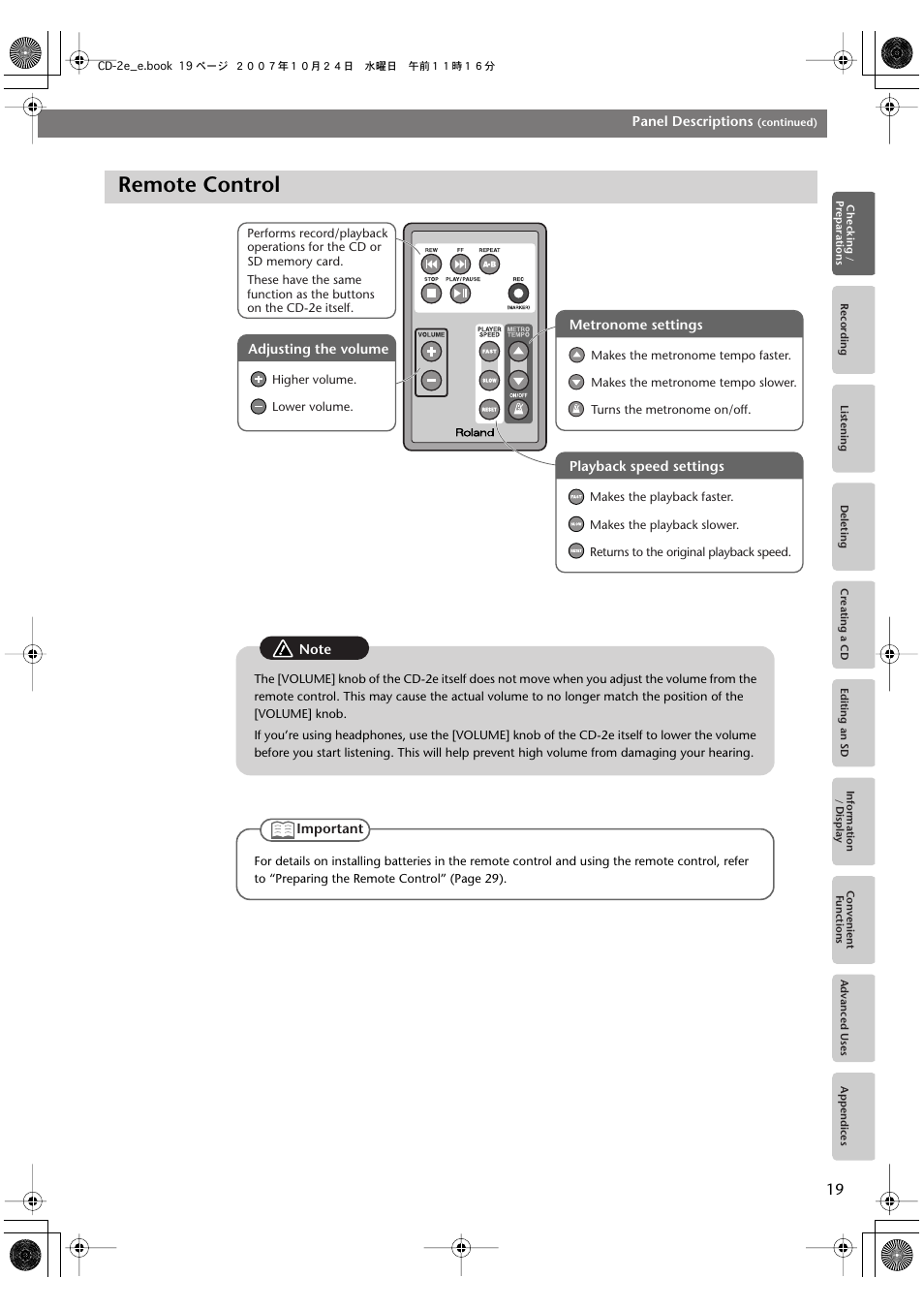 Remote control | Roland CD-2e User Manual | Page 19 / 132