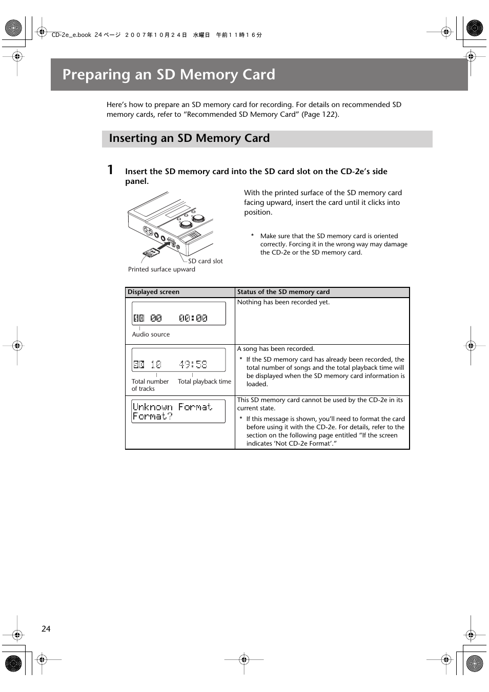 Preparing an sd memory card, Inserting an sd memory card | Roland CD-2e User Manual | Page 24 / 132