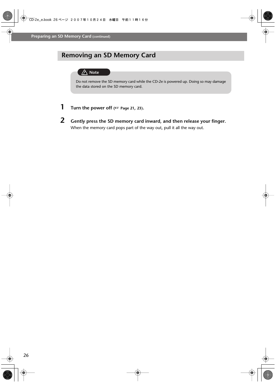 Removing an sd memory card | Roland CD-2e User Manual | Page 26 / 132