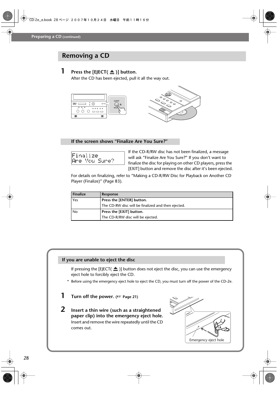 Removing a cd | Roland CD-2e User Manual | Page 28 / 132