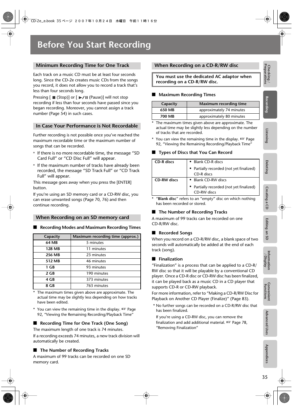 Recording, Before you start recording | Roland CD-2e User Manual | Page 35 / 132