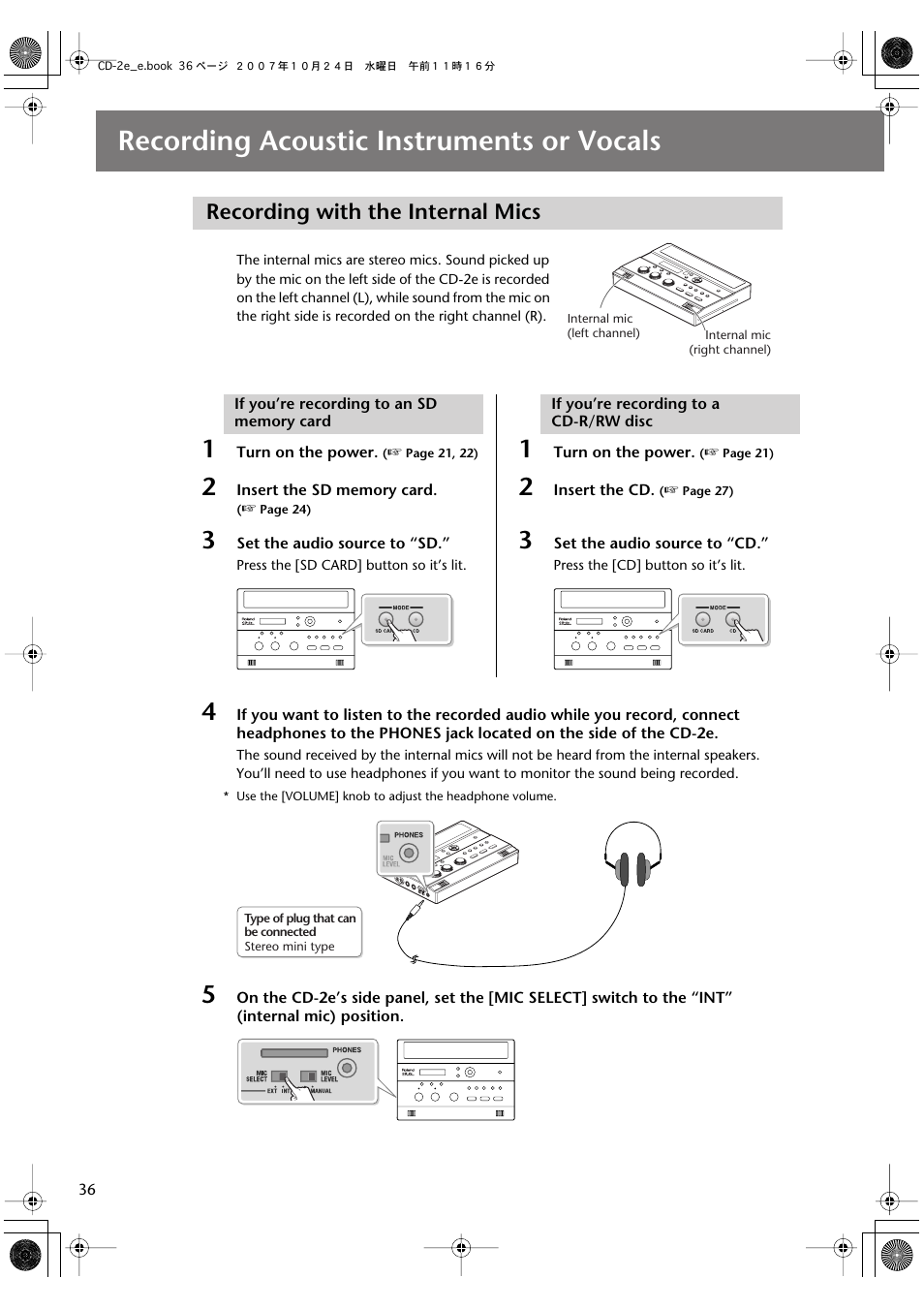 Recording acoustic instruments or vocals, Recording with the internal mics | Roland CD-2e User Manual | Page 36 / 132