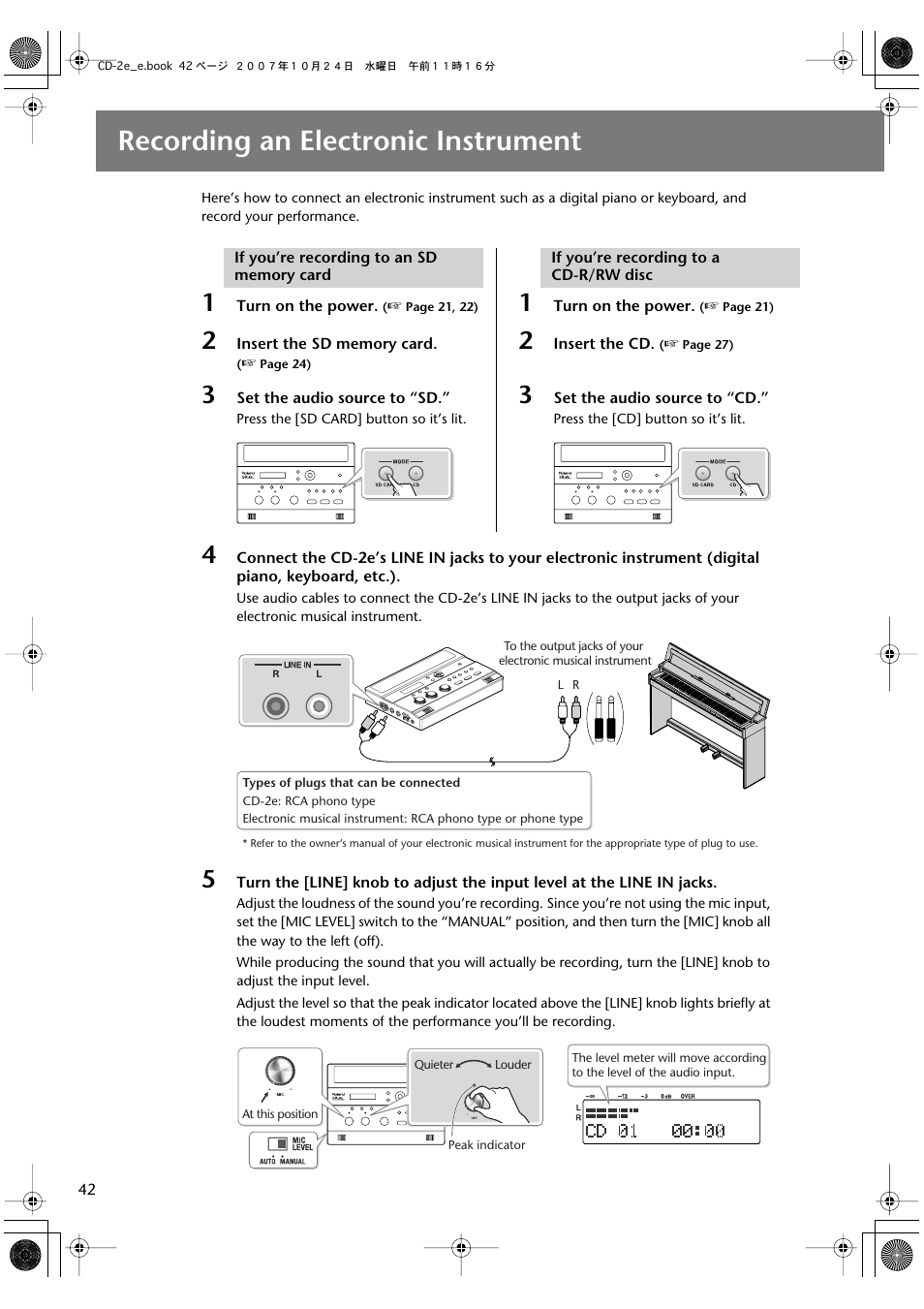 Recording an electronic instrument | Roland CD-2e User Manual | Page 42 / 132