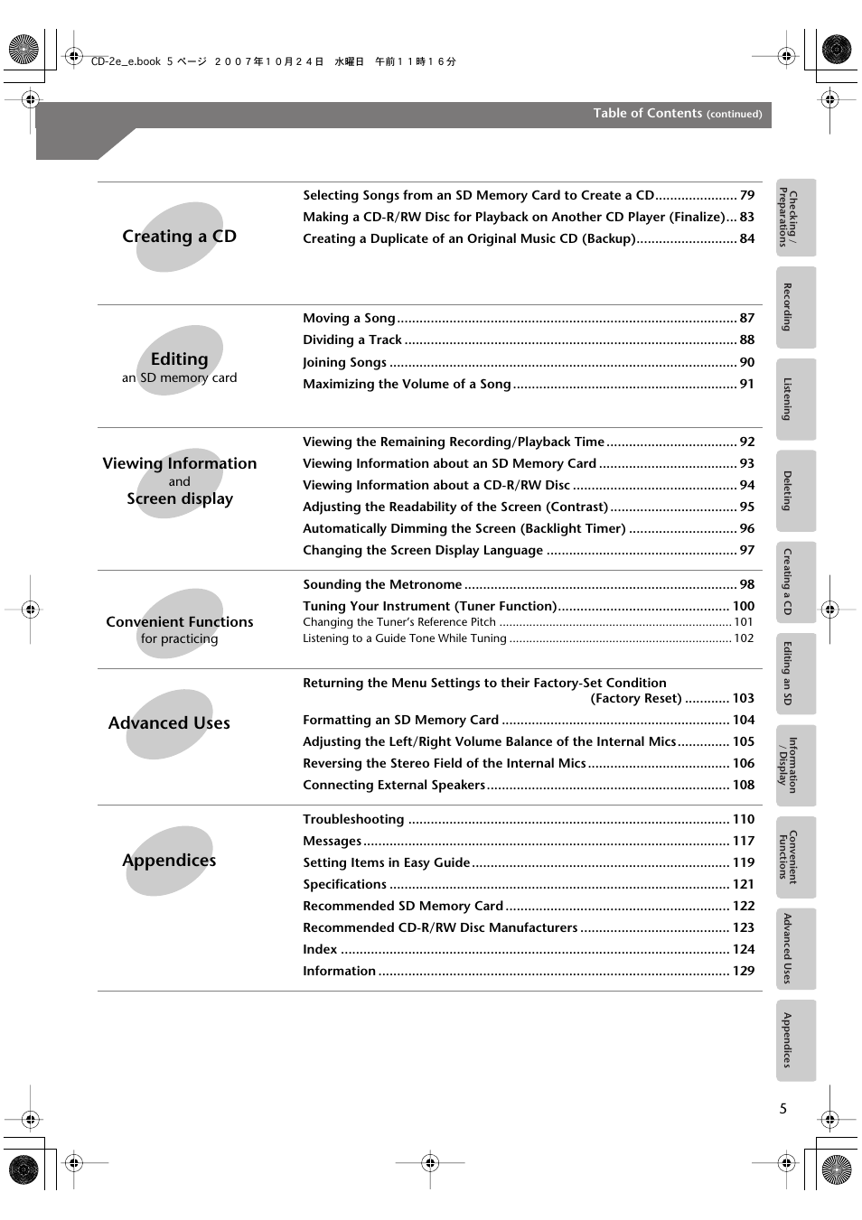 Creating a cd editing, Advanced uses appendices, Viewing information | Screen display | Roland CD-2e User Manual | Page 5 / 132