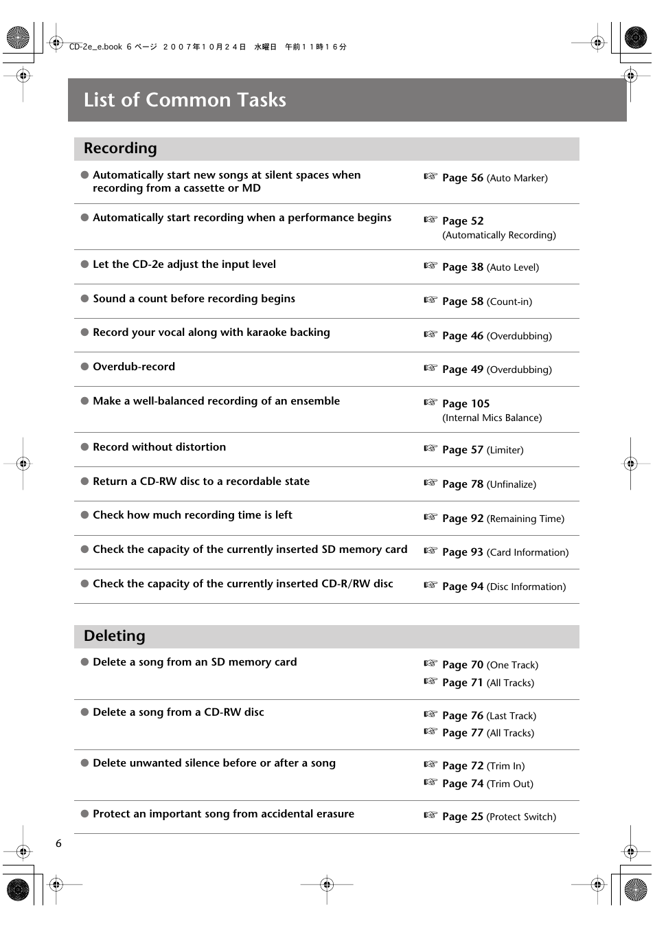 List of common tasks, Recording, Deleting | Roland CD-2e User Manual | Page 6 / 132