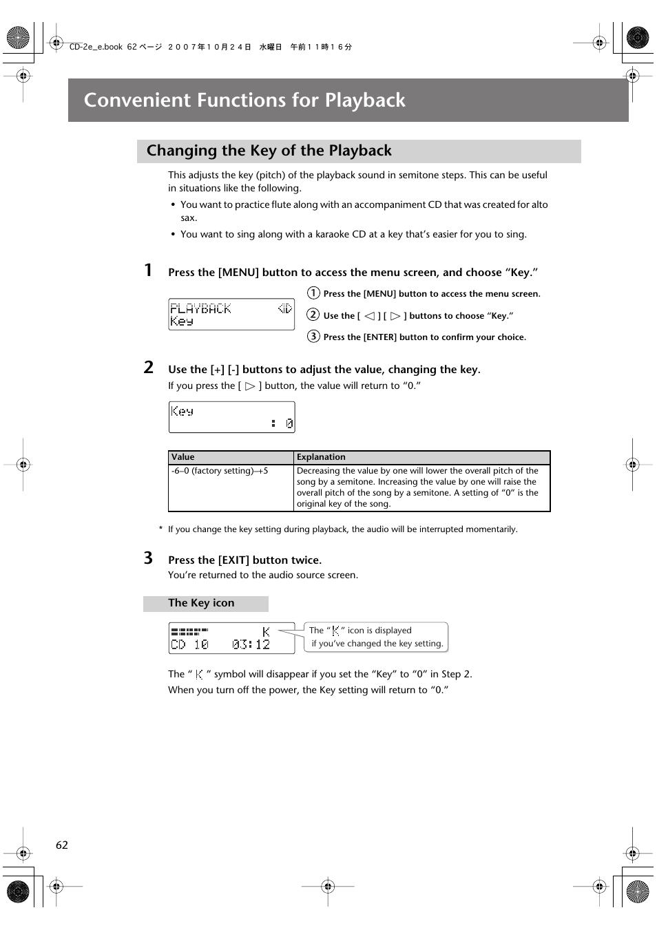 Convenient functions for playback, Changing the key of the playback | Roland CD-2e User Manual | Page 62 / 132