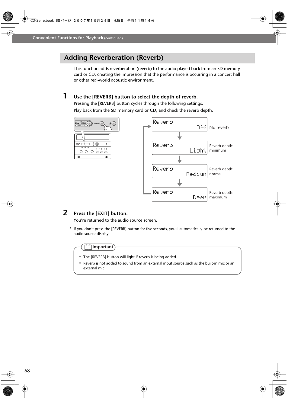 Adding reverberation (reverb) | Roland CD-2e User Manual | Page 68 / 132