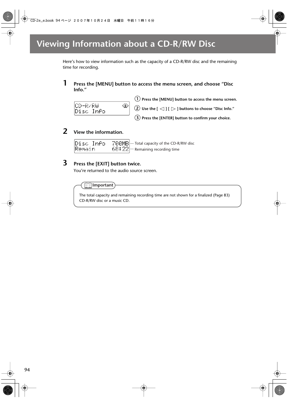 Viewing information about a cd-r/rw disc | Roland CD-2e User Manual | Page 94 / 132