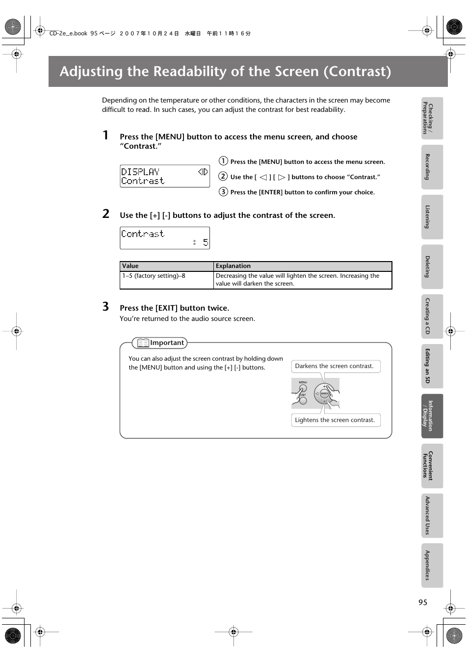 Adjusting the readability of the screen (contrast) | Roland CD-2e User Manual | Page 95 / 132