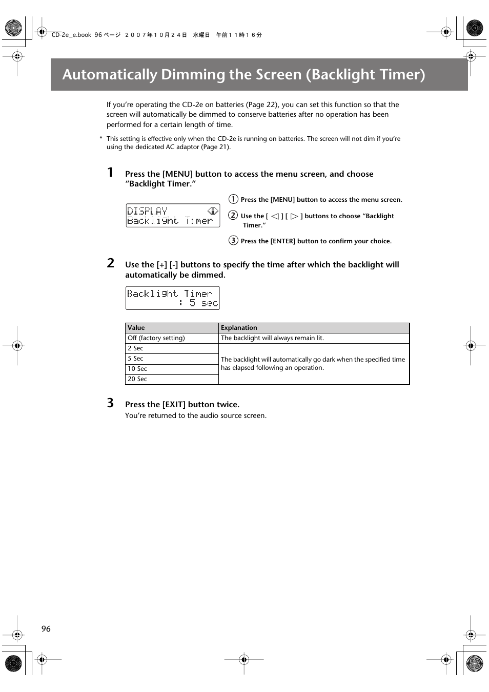 Automatically dimming the screen (backlight timer) | Roland CD-2e User Manual | Page 96 / 132