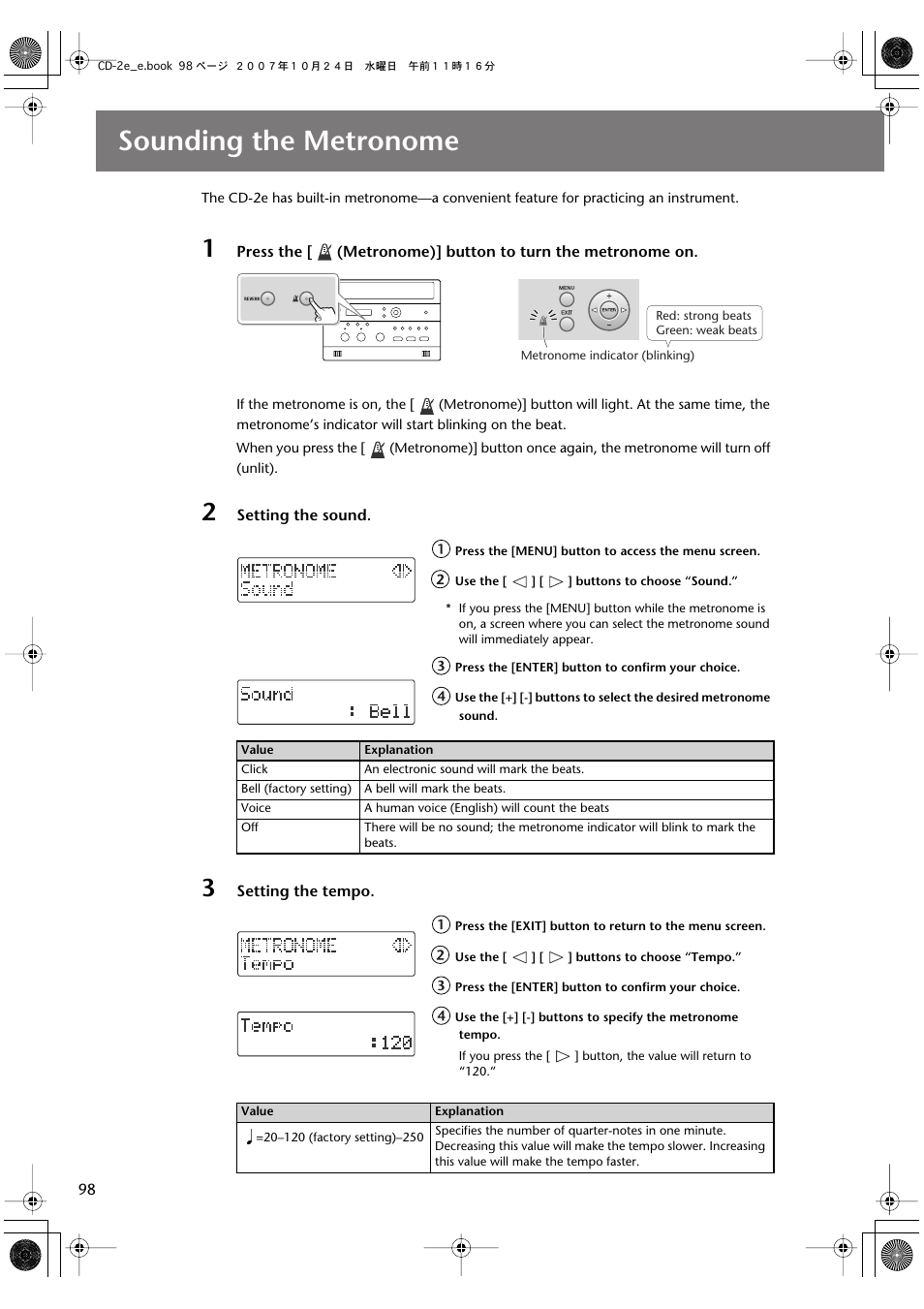 Convenient functions, Sounding the metronome | Roland CD-2e User Manual | Page 98 / 132