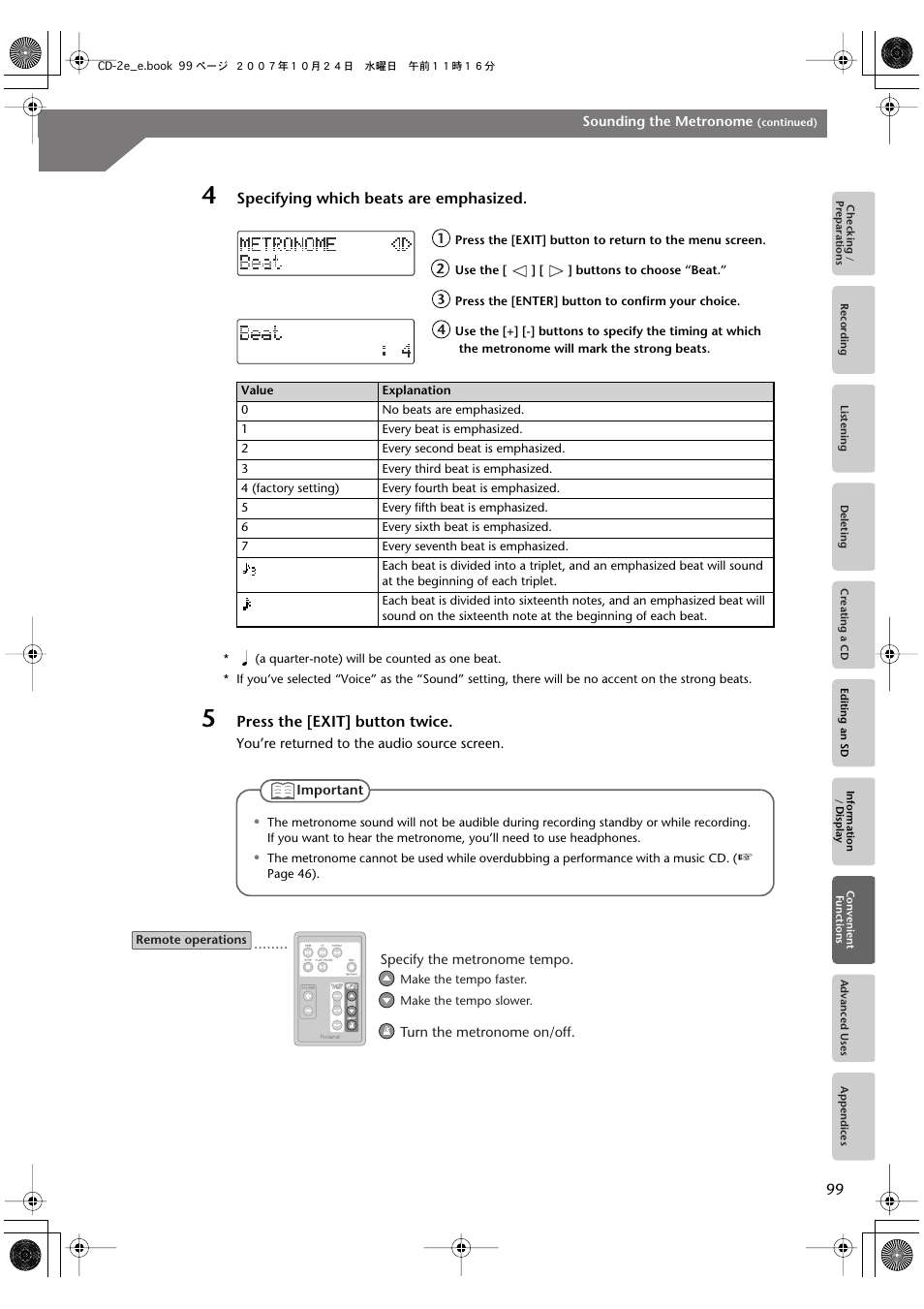 Specifying which beats are emphasized, Press the [exit] button twice | Roland CD-2e User Manual | Page 99 / 132