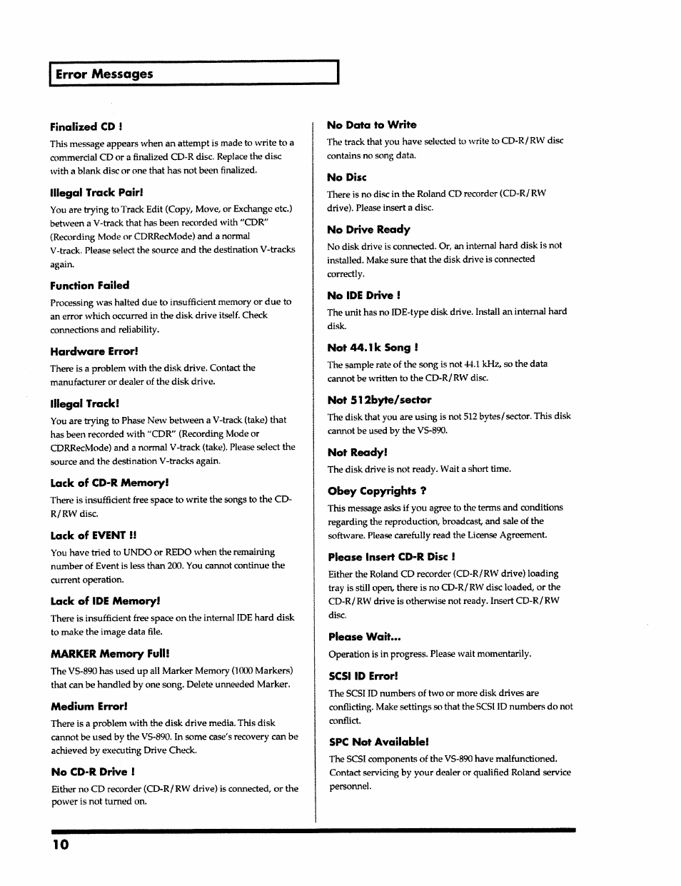 Error messages, Finalized cd, Illegal track pair | Function failed, Hardware error, Illegal track, Lack of cd-r memory, Lack of event, Lack of ide memory, Marker memory full | Roland VS-890 User Manual | Page 10 / 140