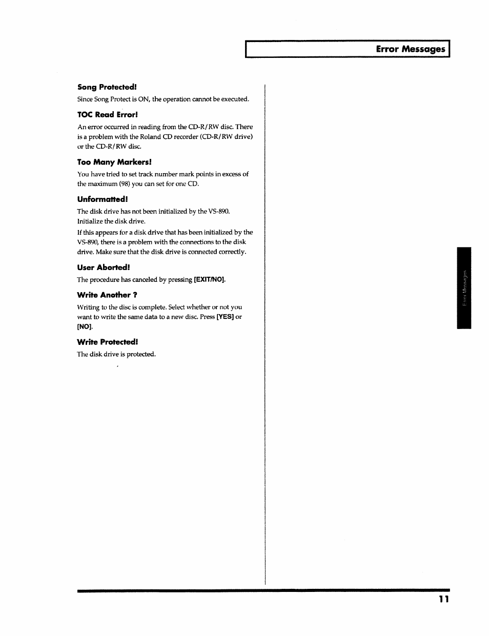 Error messages, Song protected, Toc read error | Too many markers, Unformatted, User aborted, Write another, Write protected | Roland VS-890 User Manual | Page 11 / 140