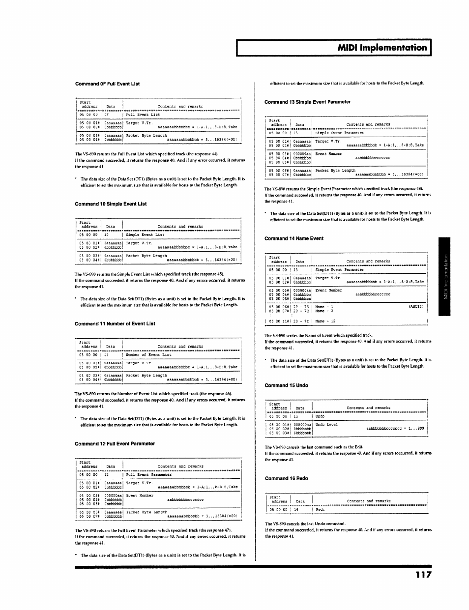 Command 10 simple event list, Command 11 number of event list, Command 12 full event parameter | Command 13 simple event parameter, Command 14 name event, Command 15 undo, Command 16 redo, Midi implementation, Stare | Roland VS-890 User Manual | Page 117 / 140