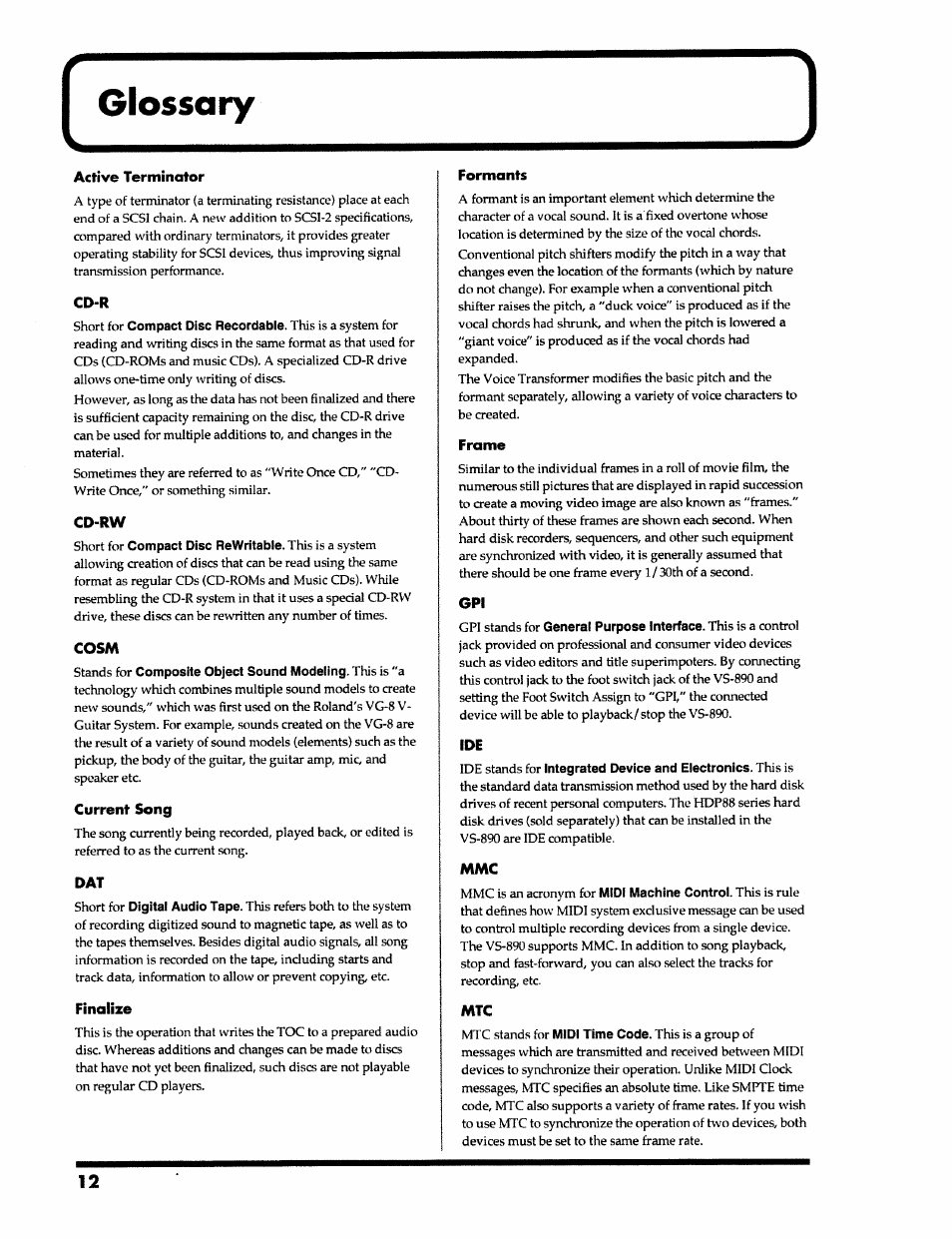 Glossary, Active terminator, Cd-r | Cd-rw, Cosm, Current song, Finalize, Formants, Frame | Roland VS-890 User Manual | Page 12 / 140