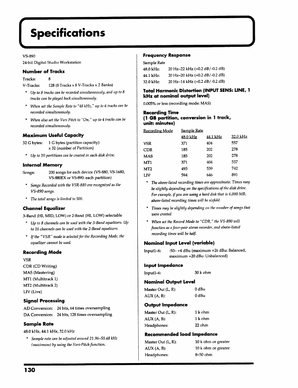 Number of tracks, Maximum useful capacity, Internal memory | Channel equalizer, Recording mode, Signal processing, Sample rate, Frequency response, Recording time, Nominal input level (variable) | Roland VS-890 User Manual | Page 130 / 140