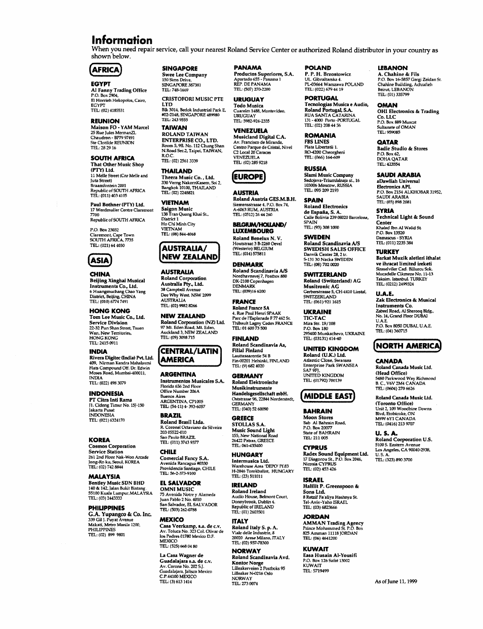 Information, Europe), Austraua/ new zealand | Central/iatin america | Roland VS-890 User Manual | Page 137 / 140