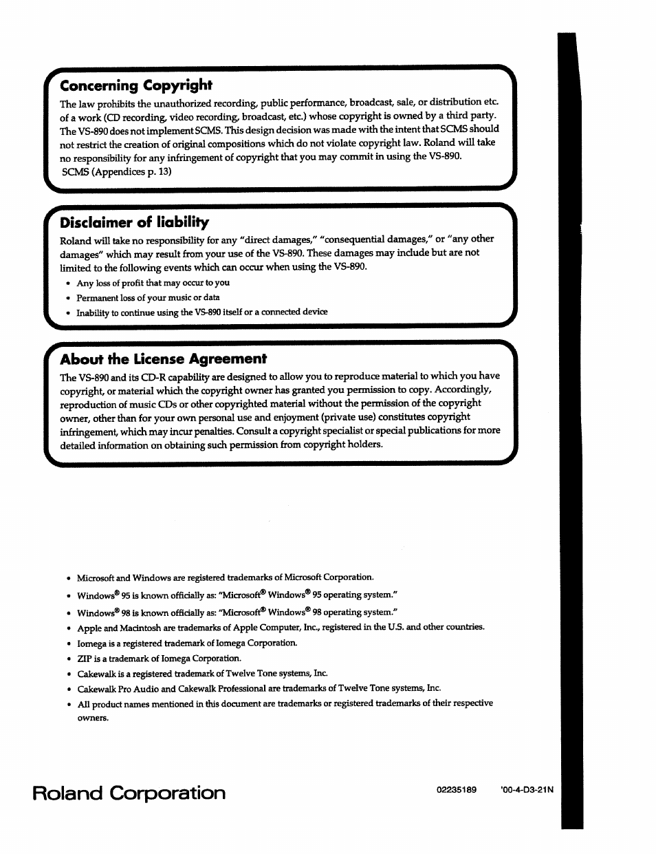 Concerning copyright, Disclaimer of liability, About the license agreement | Roland corporation | Roland VS-890 User Manual | Page 138 / 140