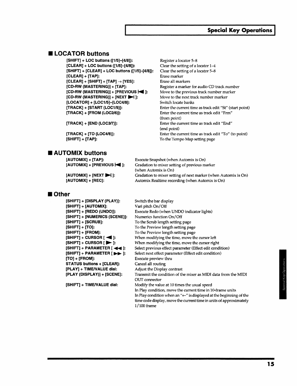 Special key operahons, Locator buttons, Other | Automix buttons | Roland VS-890 User Manual | Page 15 / 140