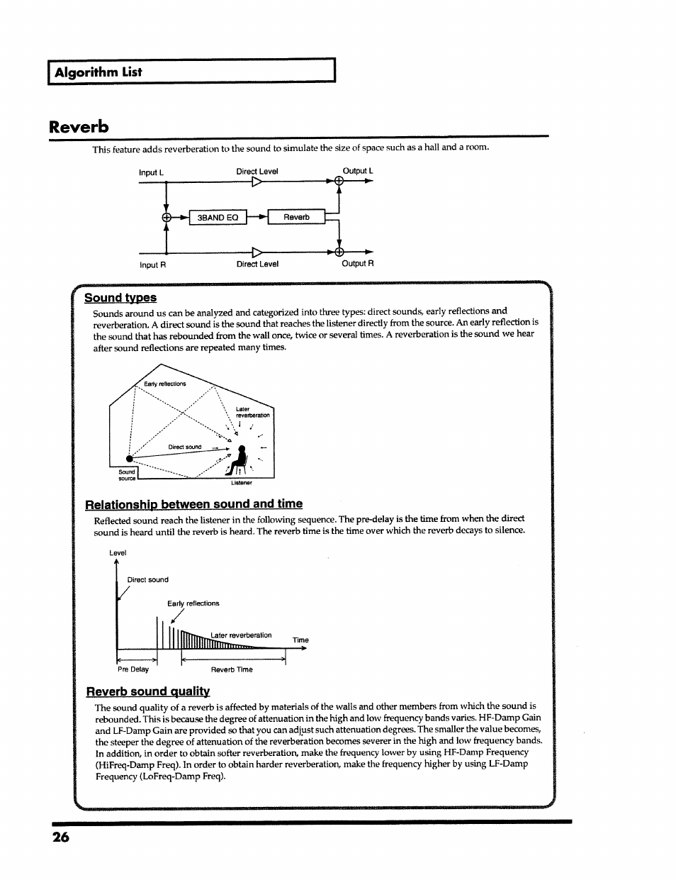 Reverb, Sound types, Relationship between sound and time | Reverb sound quality | Roland VS-890 User Manual | Page 26 / 140