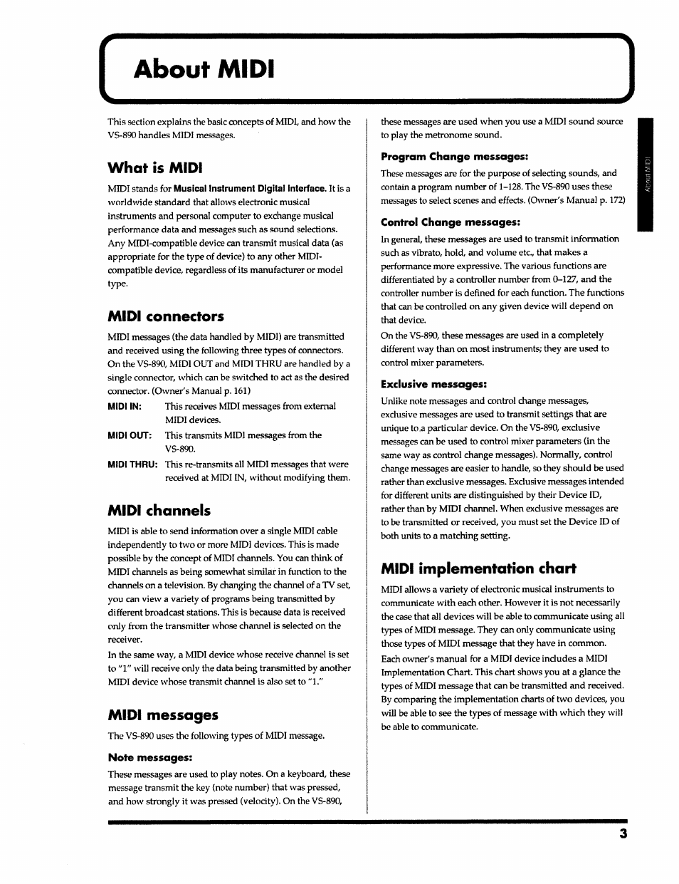 About midi, What is midi, Midi connectors | Midi channels, Midi messages, Note messages, Program change messages, Control change messages, Exclusive messages, Midi implementation chart | Roland VS-890 User Manual | Page 3 / 140