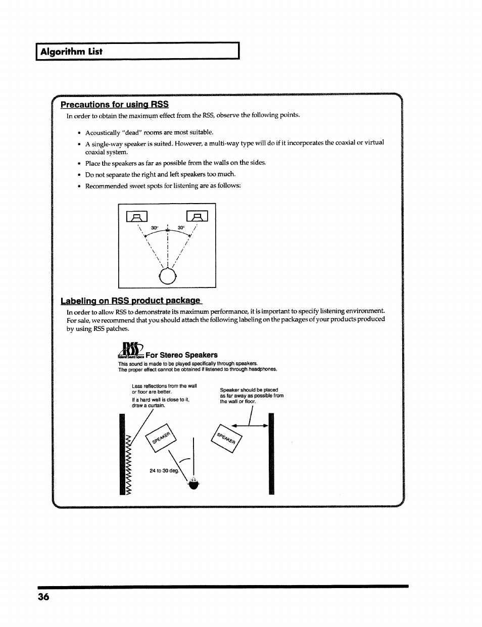 Algorithm list, Precautions for usinc^ rss, Labeling on rss product package | Roland VS-890 User Manual | Page 36 / 140