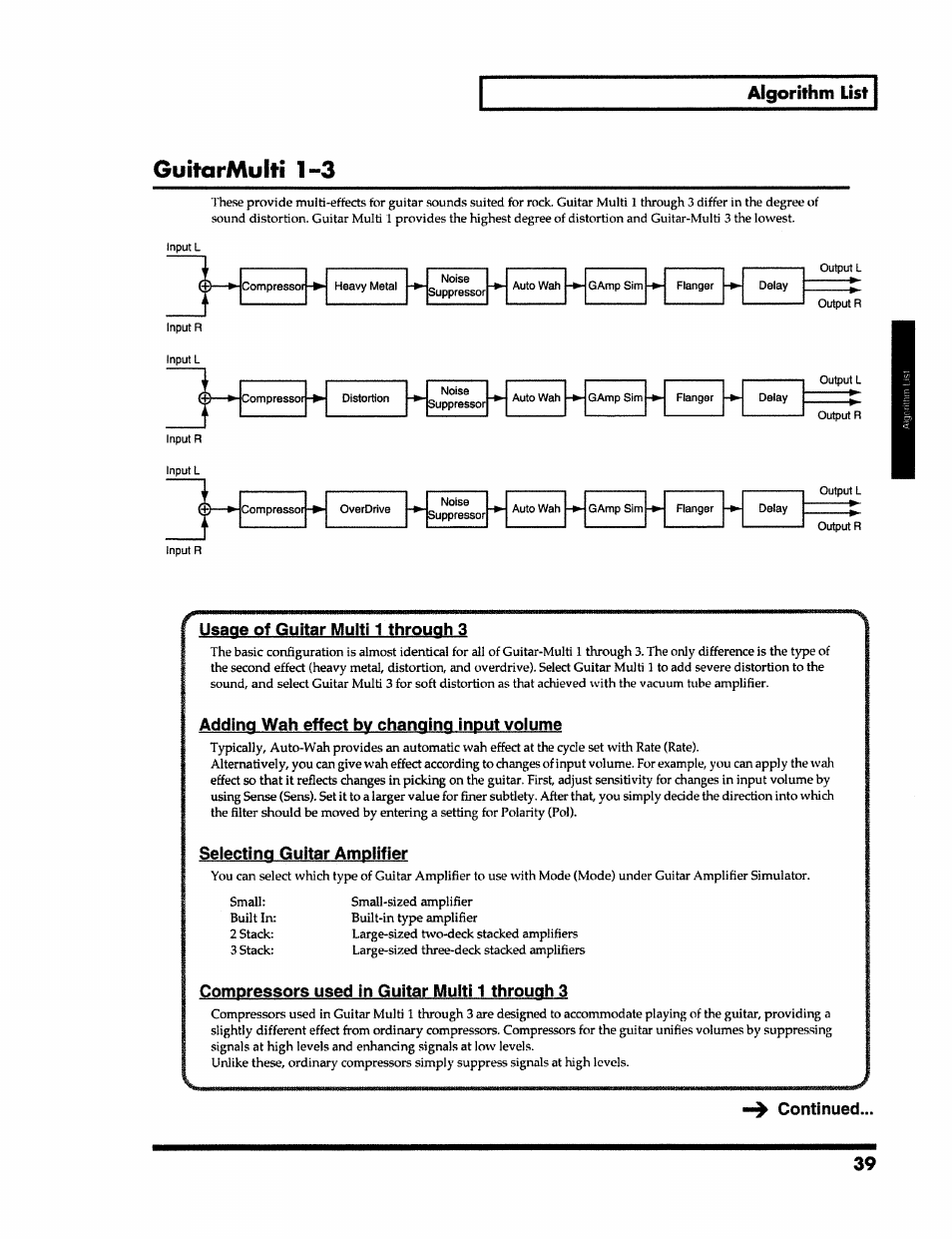Guitarmulti 1-3, Usage of guitar multi 1 through 3, Adding wah effect by changing input volume | Selecting guitar amplifier, Compressors used in guitar muiti 1 through 3, Continued | Roland VS-890 User Manual | Page 39 / 140