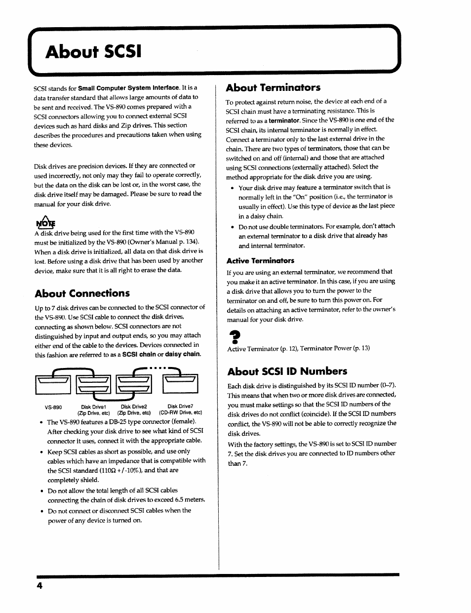 About scsi, About connections, About terminators | Active terminators, About scsi id numbers | Roland VS-890 User Manual | Page 4 / 140