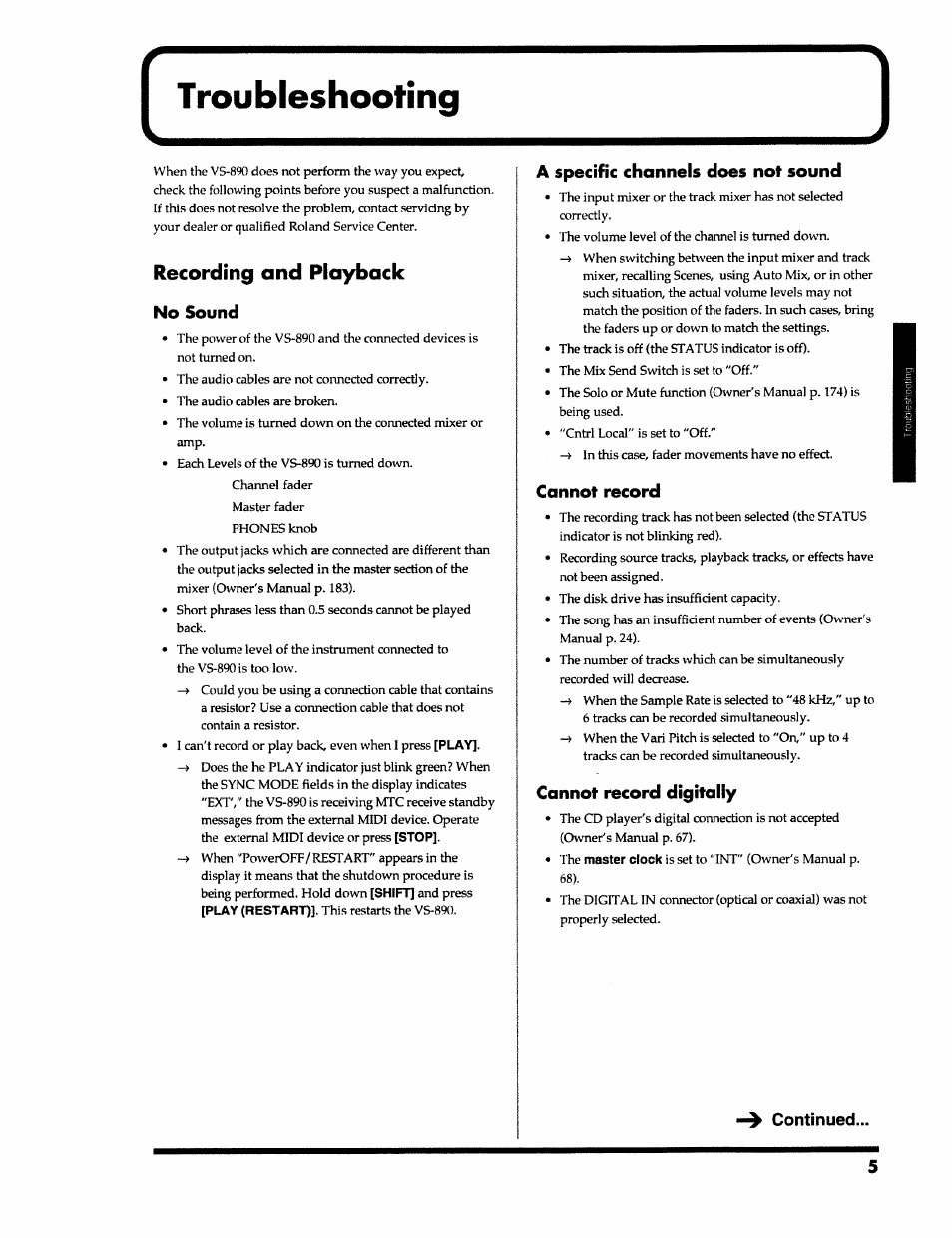 Troubleshooting, Recording and playback, No sound | A specific channels does not sound, Cannot record, Cannot record digitally, Continued, Recording and playback no sound | Roland VS-890 User Manual | Page 5 / 140