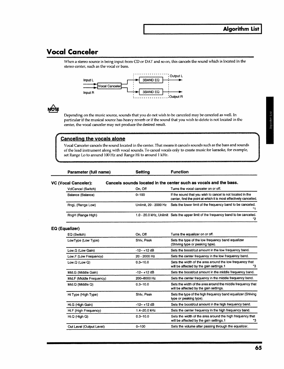 Vocal canceler, Canceling the vocals alone, Algorithm list | Roland VS-890 User Manual | Page 65 / 140