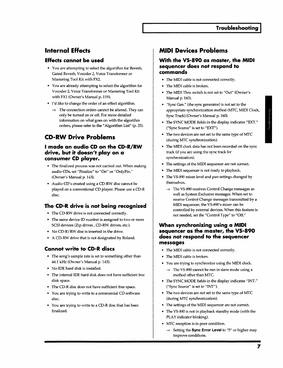 Internal effects, Cd-rw drive problems, Midi devices problems | Internal effects effects cannot be used, The cd-r drive is not being recognized, Cannot write to cd-r discs | Roland VS-890 User Manual | Page 7 / 140