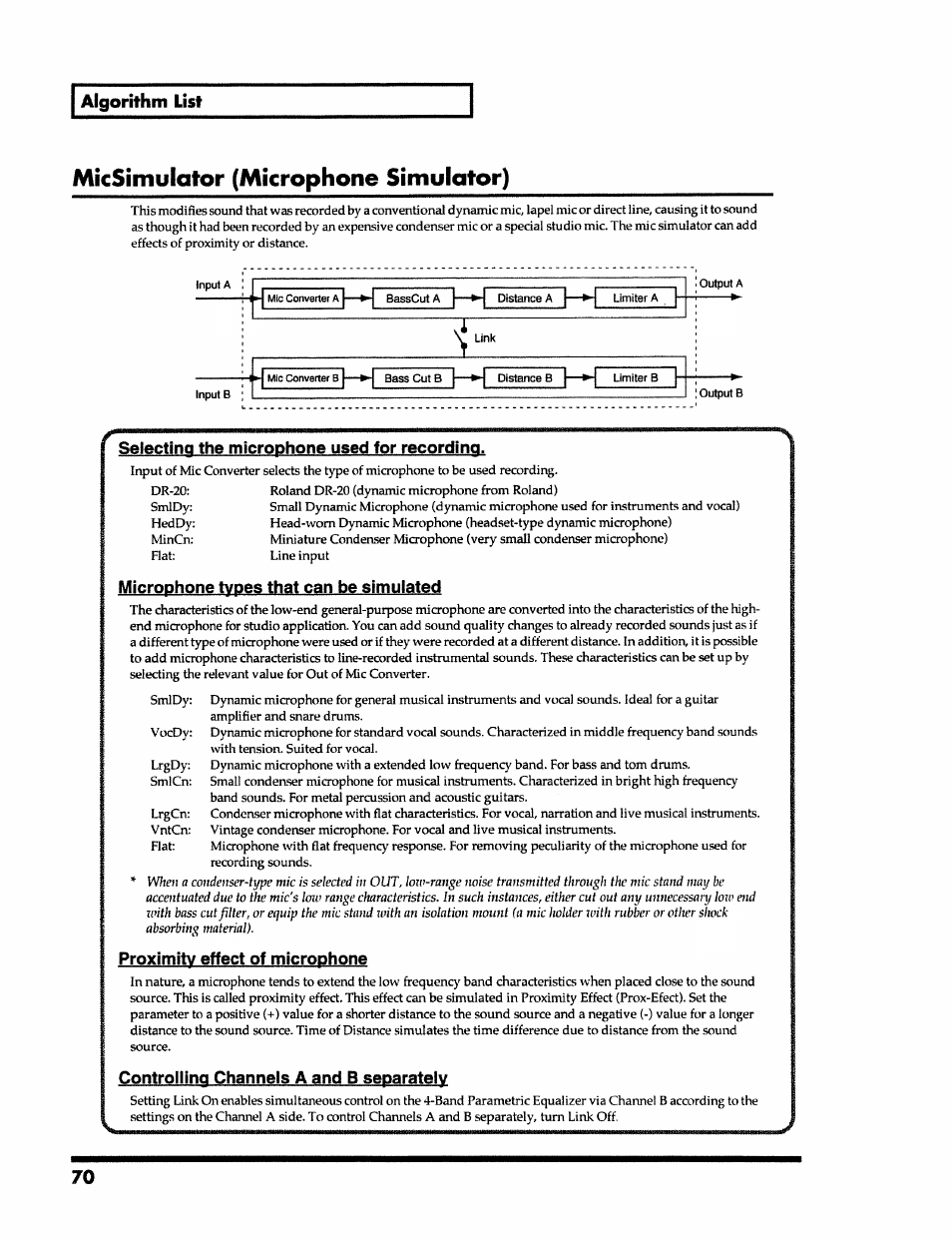 Micsìmulator (microphone simulator), Selecting the microphone used for recording, Microphone types that can be simulated | Proximity effect of microphone, Controlling channels a and b separately | Roland VS-890 User Manual | Page 70 / 140