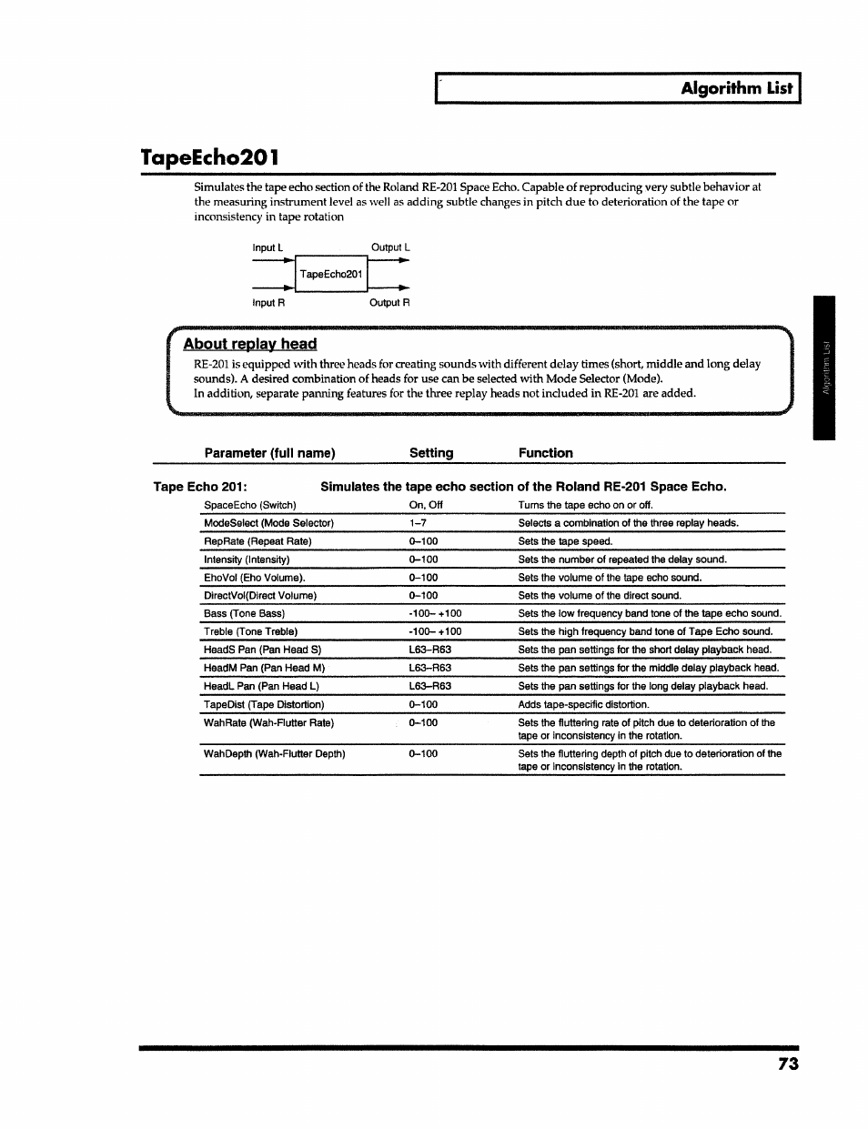 Tapeecho201, About replay head, Algorithm list | Roland VS-890 User Manual | Page 73 / 140