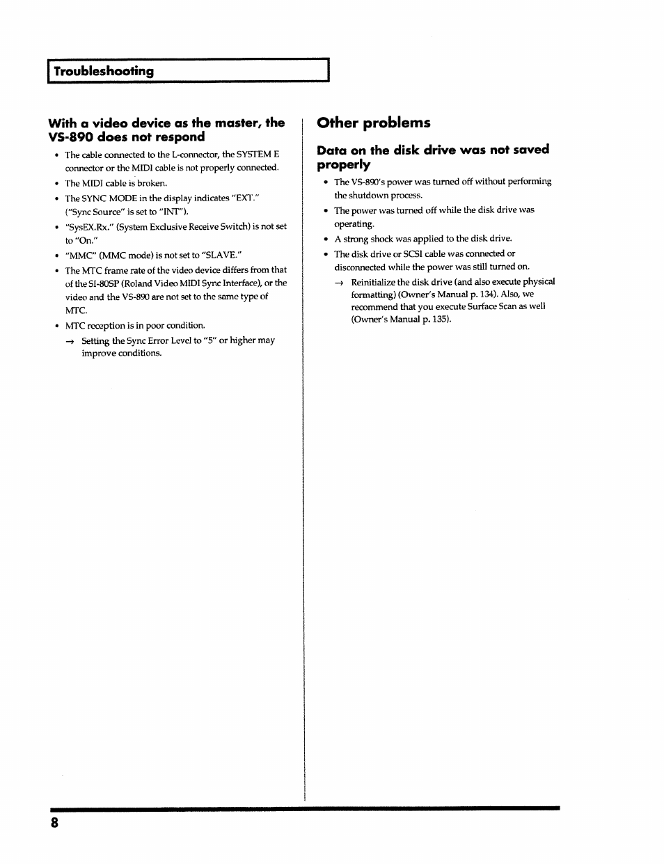 Other problems, Data on the disk drive was not saved properly | Roland VS-890 User Manual | Page 8 / 140