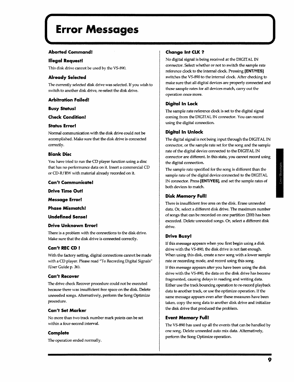 Error messages, Aborted command, Illegal request | Already selected, Arbitration failed, Busy status, Check condition, Status error, Blank disc, Can't communicate | Roland VS-890 User Manual | Page 9 / 140