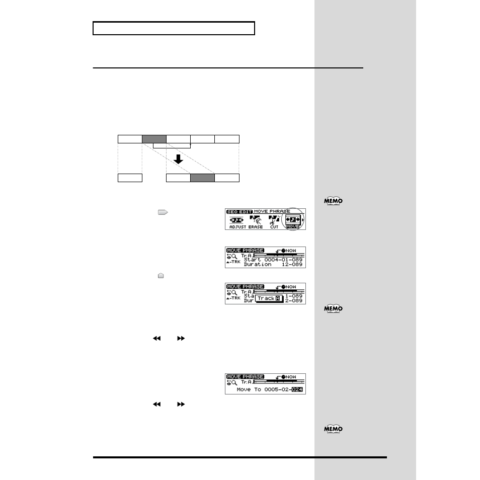 Editing a sequence track, Moving a phrase—move, Editing a sequence track” (p. 98) | Roland CDX-1 User Manual | Page 98 / 252