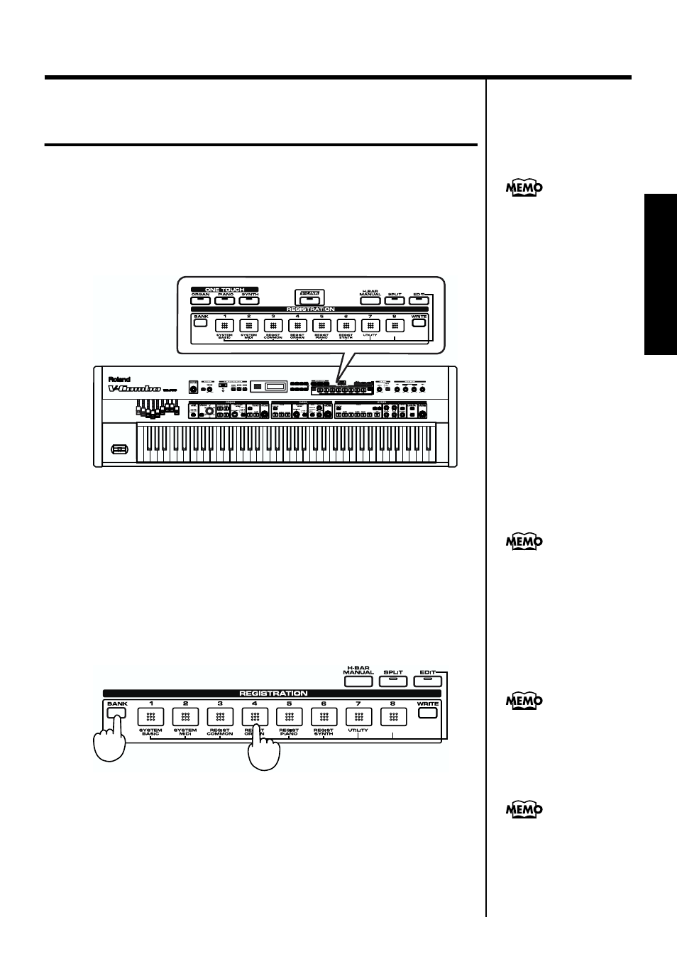 Performing with a variety of tones (registration), Example: call up to registration 42, P. 29, p | Roland VR-760 User Manual | Page 29 / 120