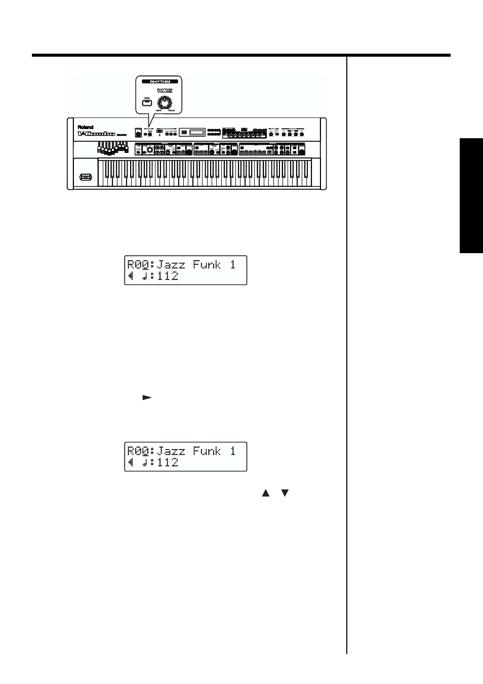 Changing the rhythm pattern and tempos, Switch the rhythm on/off (p. 53) | Roland VR-760 User Manual | Page 53 / 120
