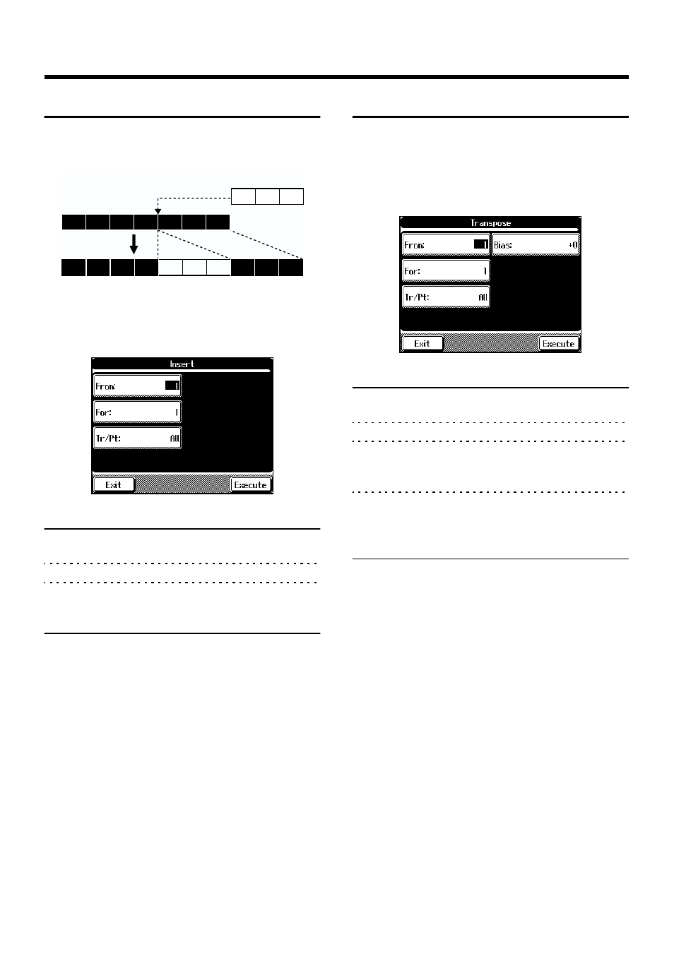 Inserting a blank measure, Transposing individual parts, Adds a blank measure (p. 128) | Transposes a part (p. 128), 128 chapter 6 editing functions | Roland KF-90 User Manual | Page 128 / 196