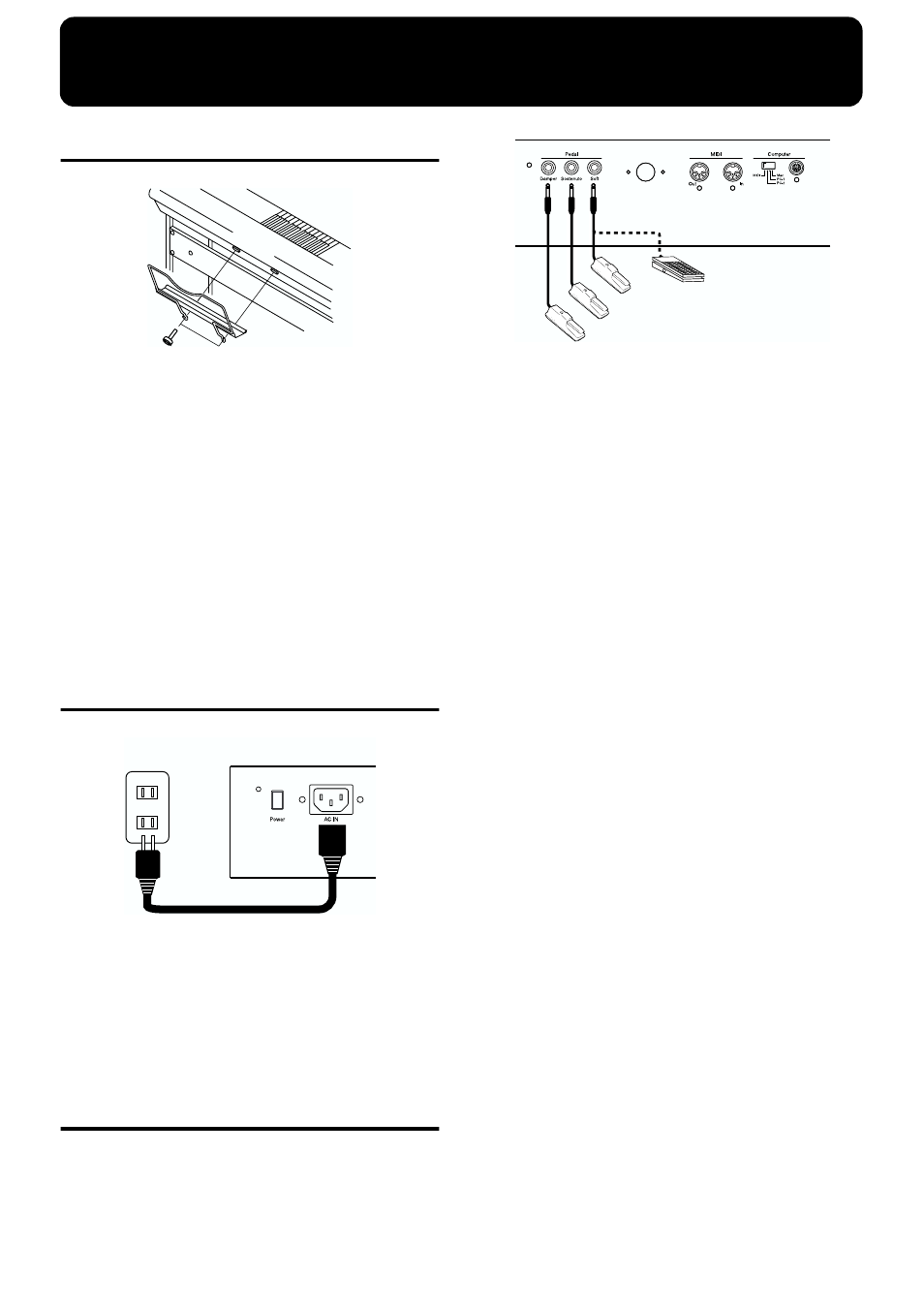 Before you play, Installing the music stand, Connecting the power cord | Connecting pedals, Used only the supplied power cable (p. 16) | Roland KF-90 User Manual | Page 16 / 196