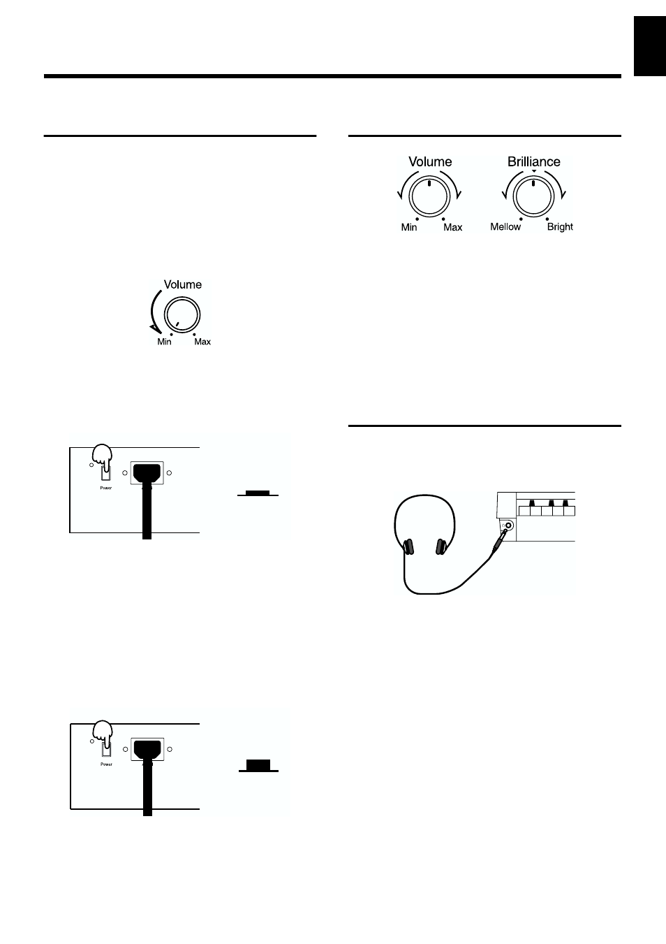 Turning the power on and off, Adjusting the sound’s volume and brilliance, Connecting headphones | Pressed to switch the power on and off (p. 17), Adjusts the overall volume level (p. 17), Adjusts the tone brightness (p. 17), 17 before you play, Turning on the power, Turning off the power | Roland KF-90 User Manual | Page 17 / 196