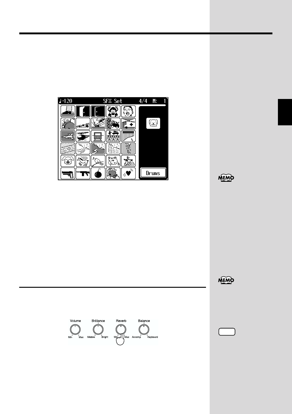 Playing effect sounds, Adding reverberation to sounds (the reverb effect), Adjusts the amount of reverb (p. 59) | Roland KF-90 User Manual | Page 59 / 196